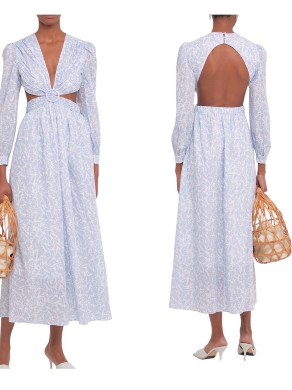 Light Blue Printed Maxi Dress with Ring Cutout and Open Back